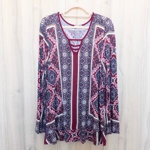 One World Womens Top Size 1X Red Blue Paisley Print Stretch Boho Hippie Casual